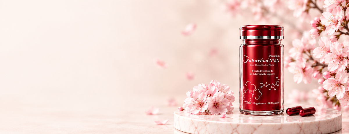 Sakuréva Premium NMN bottle with cherry blossoms and capsules