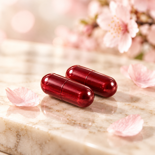 Two burgundy Sakuréva NMN capsules with sakura petals