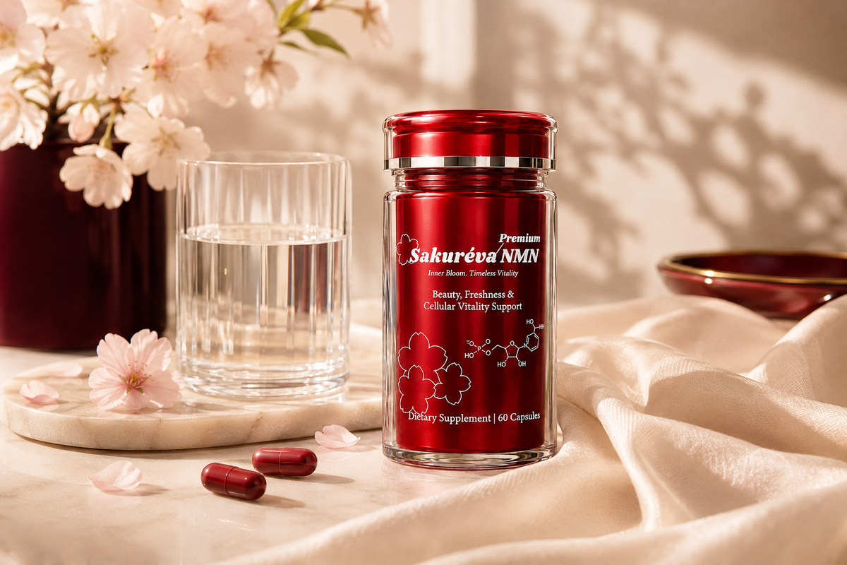 Sakureva NMN bottle with water, capsules and cherry blossoms