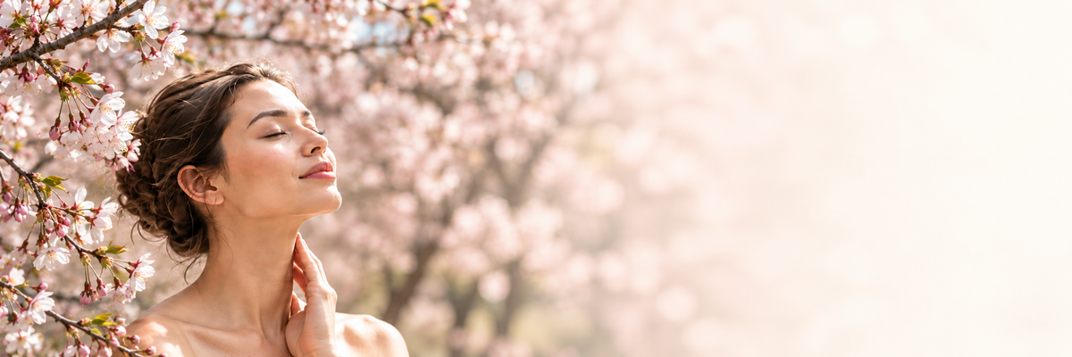 Woman beside delicate natural Sakura blossoms