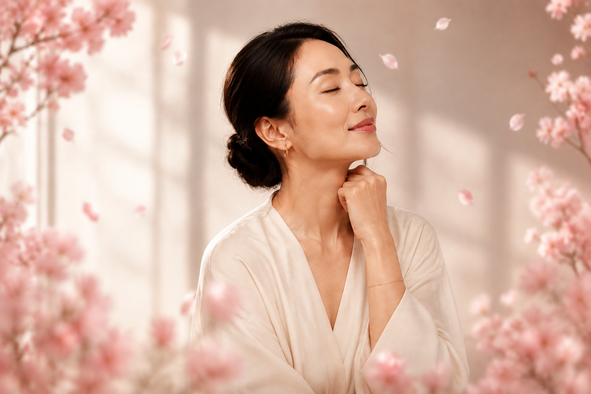 Sakuréva wellness portrait with woman centered among cherry blossoms