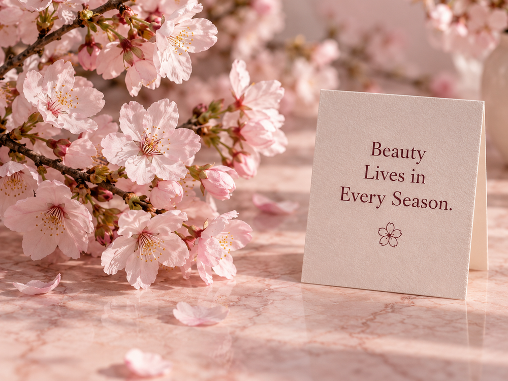 Pale pink cherry blossoms beside a Beauty Lives in Every Season card