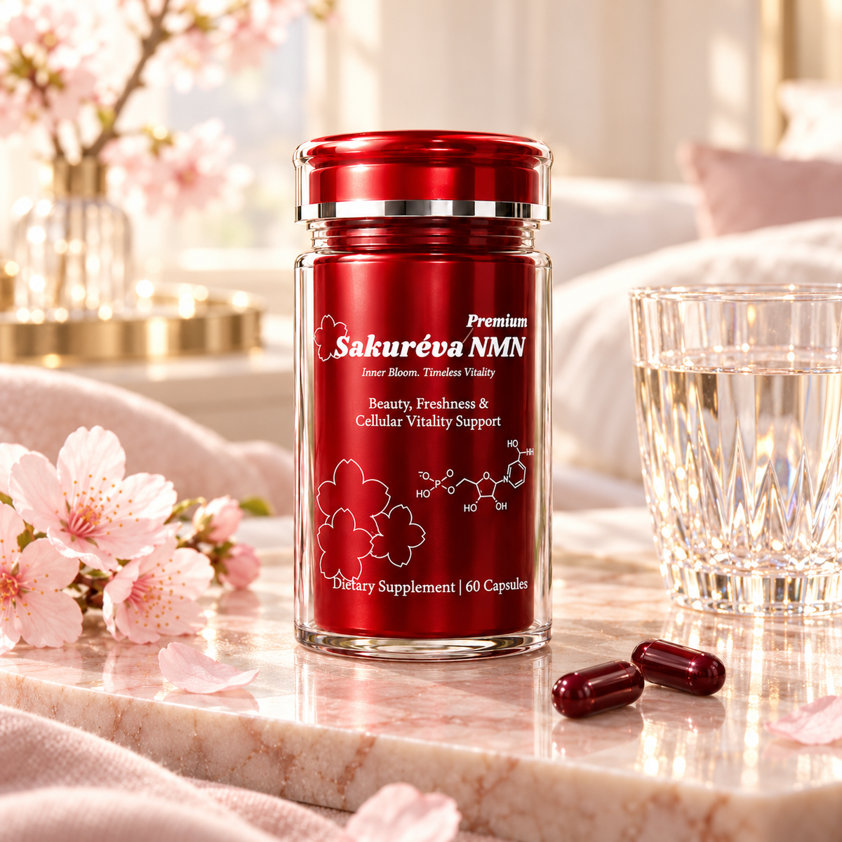 Sakureva Premium NMN bottle with Sakura blossoms, capsules and water glass
