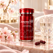 Sakureva Premium NMN bottle with Sakura blossoms, capsules and water glass