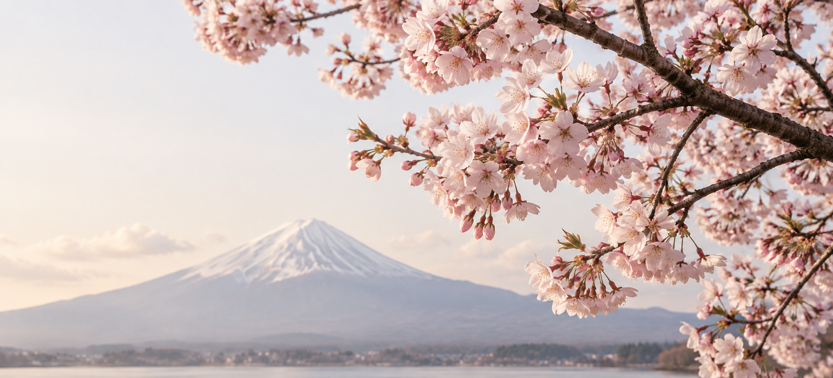Natural pink Sakura blossoms with Mount Fuji in the background