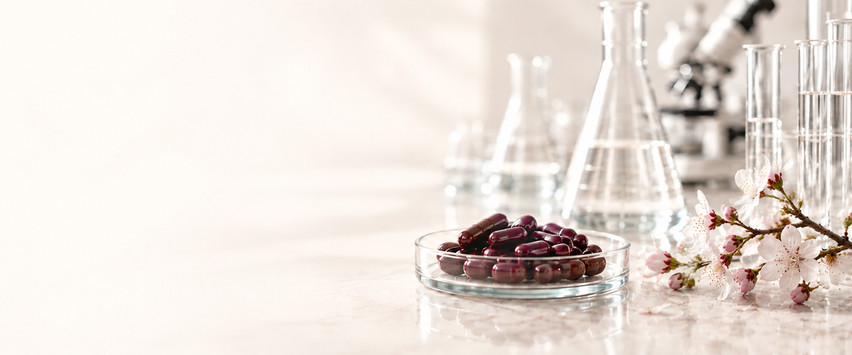 Natural cherry blossoms with maroon capsules and laboratory glassware