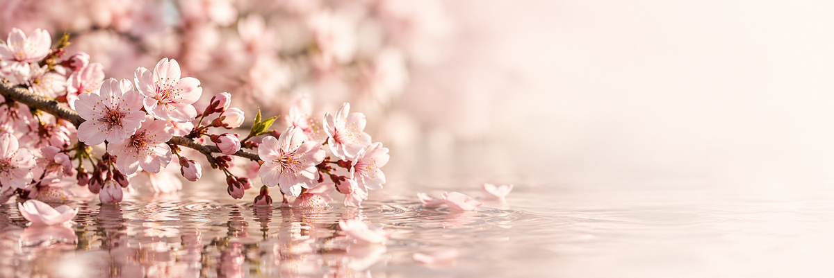 Natural pale pink cherry blossoms above gently reflecting water