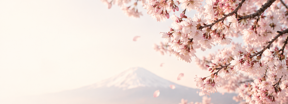 Cherry blossoms with Mount Fuji in soft spring light