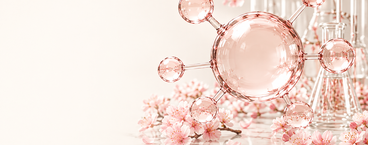 Rose glass molecular sculpture and cherry blossoms on an ivory background