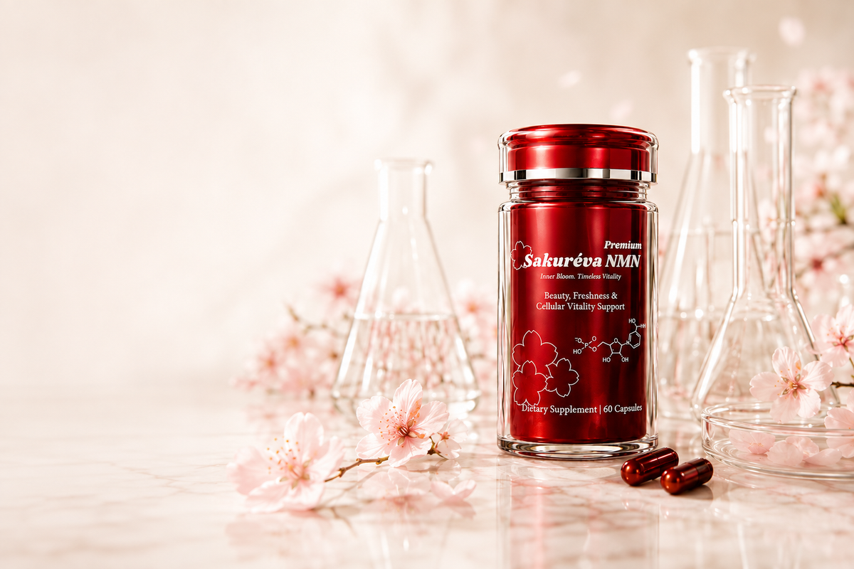 Sakureva NMN bottle with laboratory glassware and cherry blossoms