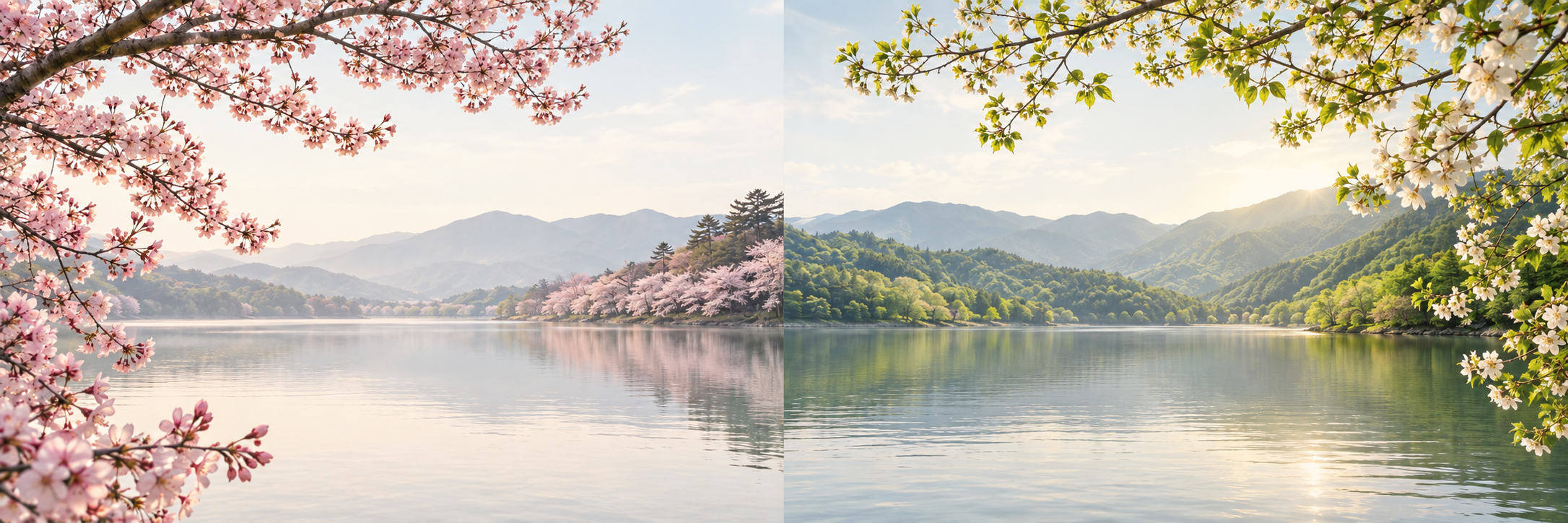 Pink Sakura blossoms beside a spring lake