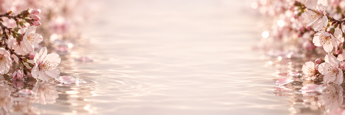 Delicate cherry blossoms beside gently rippling water