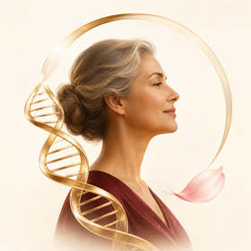 Healthy mature woman with a DNA helix