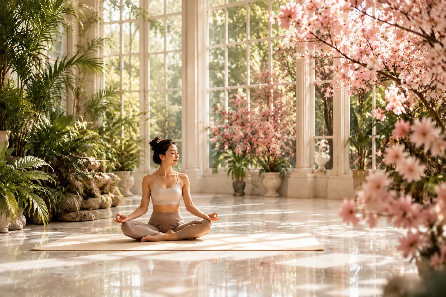 Woman practicing yoga in a bright botanical conservatory