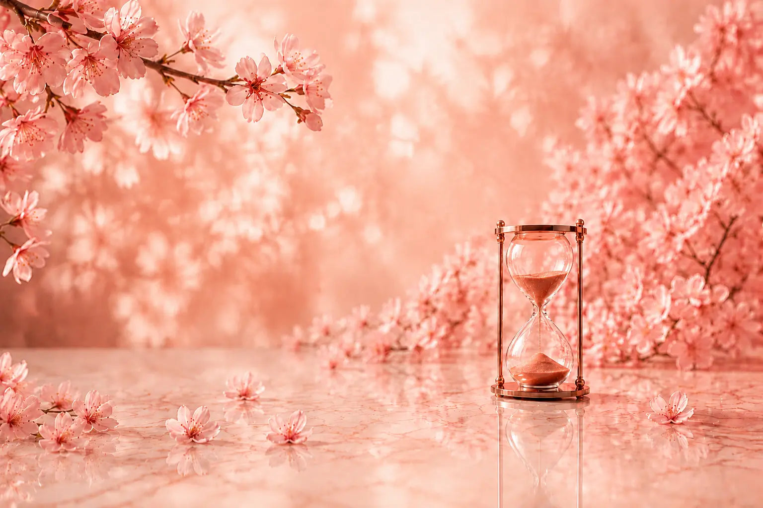 Rose-gold hourglass among cherry blossoms