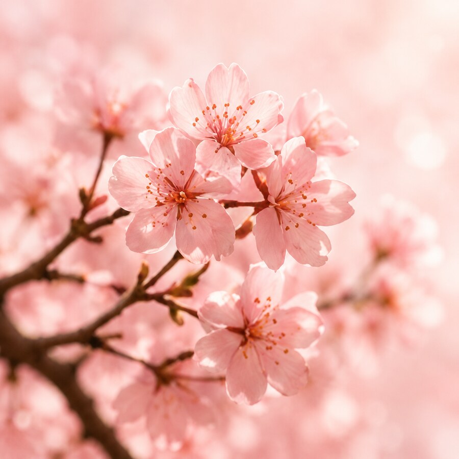 Delicate pink sakura blossoms in soft spring light