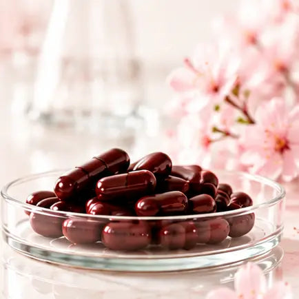 Finished burgundy capsules in a clear dish