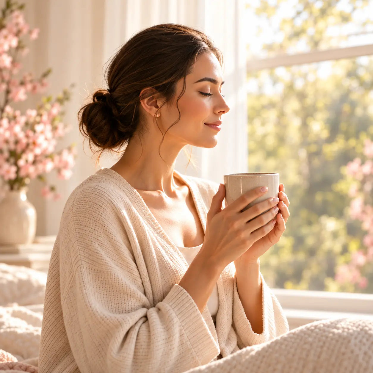 Woman enjoying a calm morning drink by a bright window