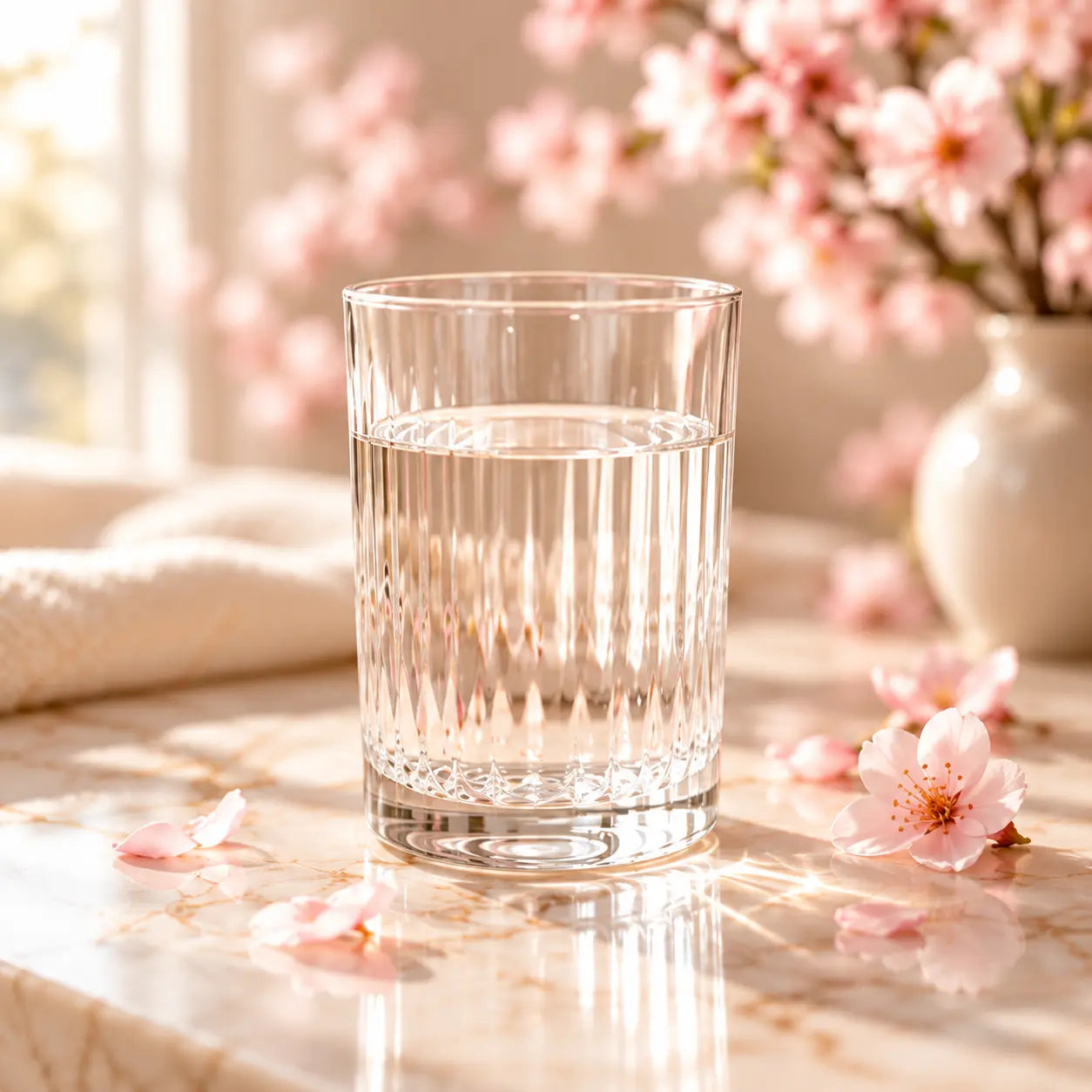 Clear glass of water with cherry blossoms