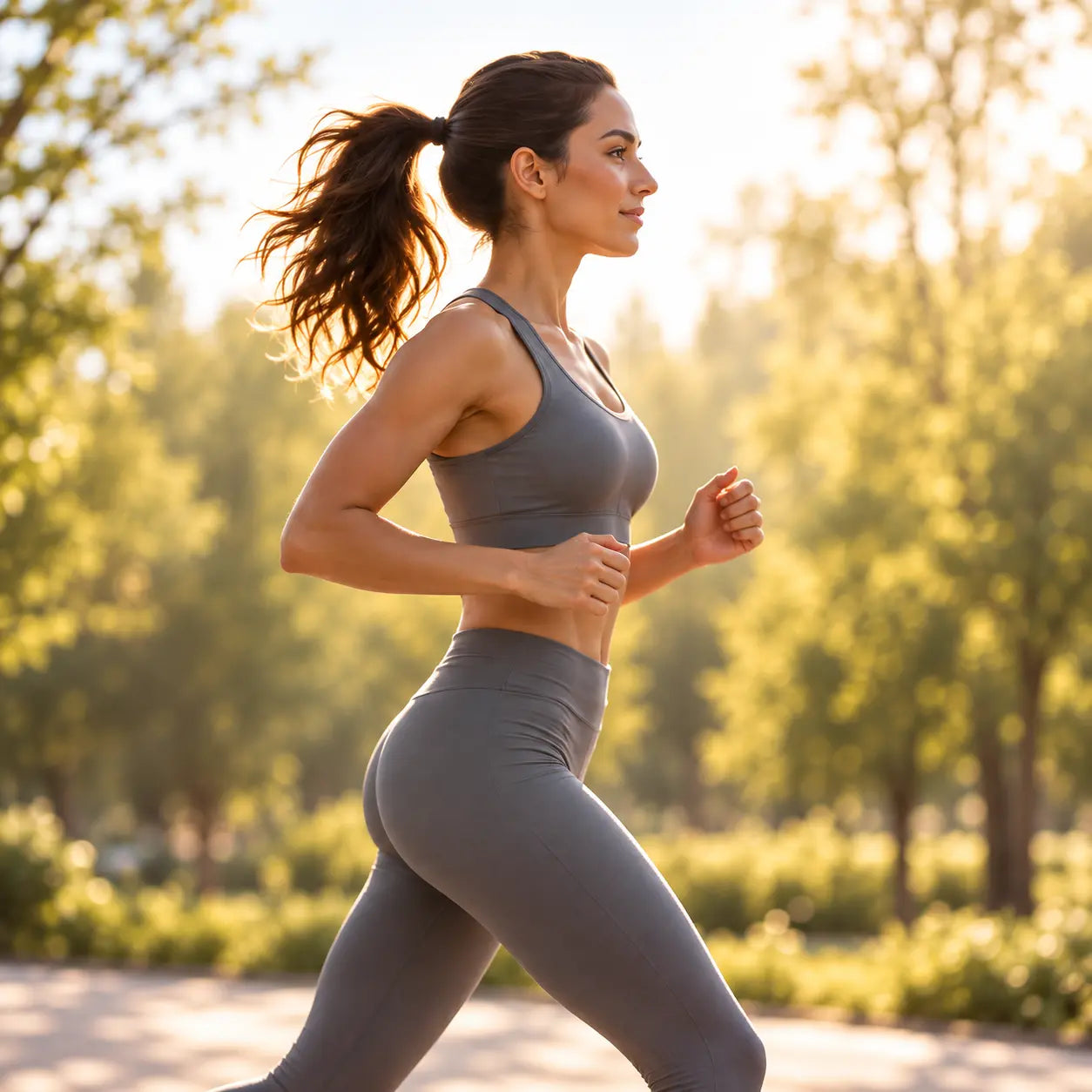 Woman jogging outdoors in warm morning light