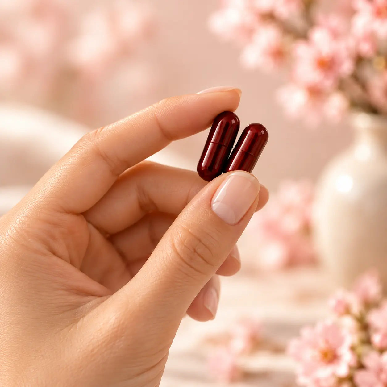 Hand holding two deep burgundy supplement capsules