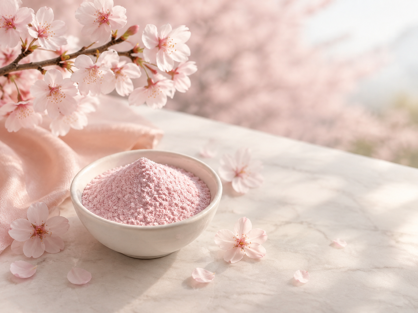 Premium sakura blossom powder with fresh cherry blossoms