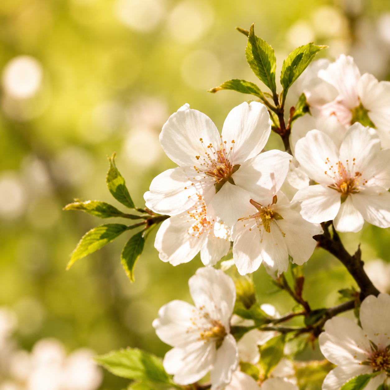 Luminous white summer sakura blossoms with fresh green leaves in warm golden light